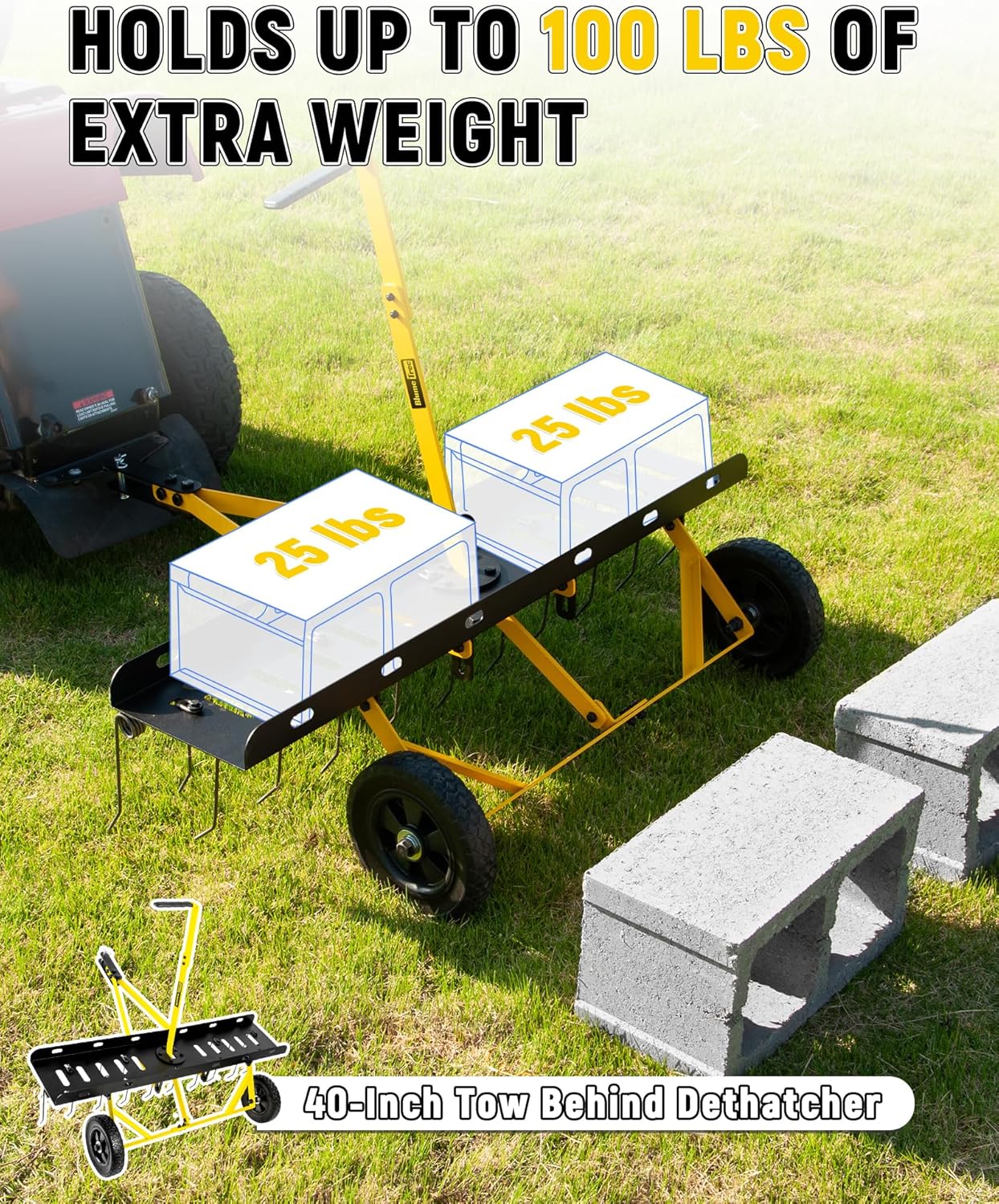 40 Inch Tow Behind Dethatcher, Pull Behind Lawn Dethatcher with 20 Spring Steel Tines, Grass Dethatcher, Removes Thatch, Riding Lawn Tractor for Large Lawns, Yard and Garden Care