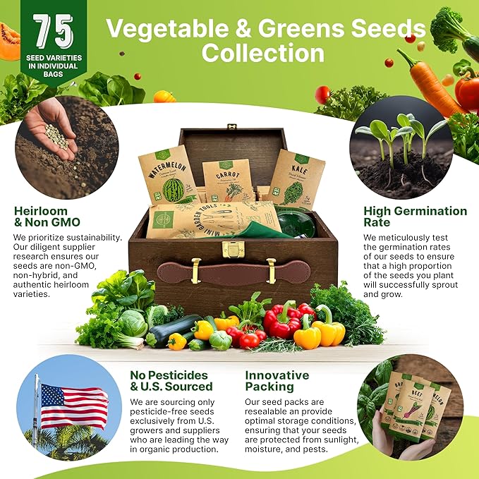 75 Vegetable & Greens Seeds Variety Pack, Garden Seed Starter Kit - Over 44,700 Non-GMO Heirloom Seeds for Planting Vegetables and Greens, Seeds Gift Seed Box with Gardening Supplies, Survival Kit