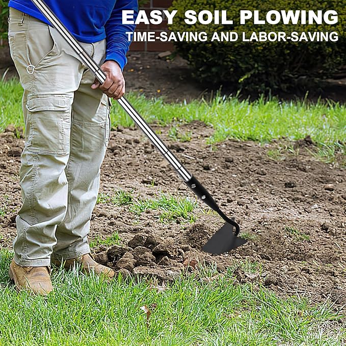 Warren Hoe, Carbon Steel Triangle Garden Hoe with Stainless Steel 57" Adjustable Long Handle, Heavy Duty Gardening Hand Tools Hoe for Ridging Weeding Digging Loosening Edging Soil