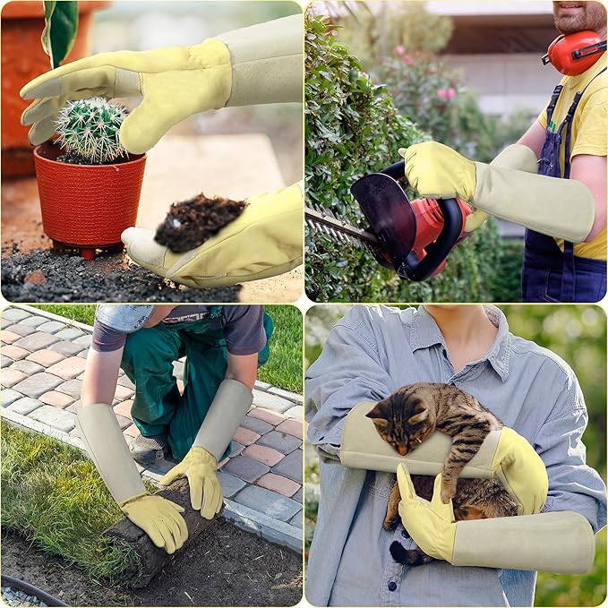 HANDLANDY Rose Pruning Gloves for Men & Women, Thorn Proof Long Garden Gloves, Gardening Gifts for Gardeners (Beige- Goatskin, X-Large (Pack of 1))