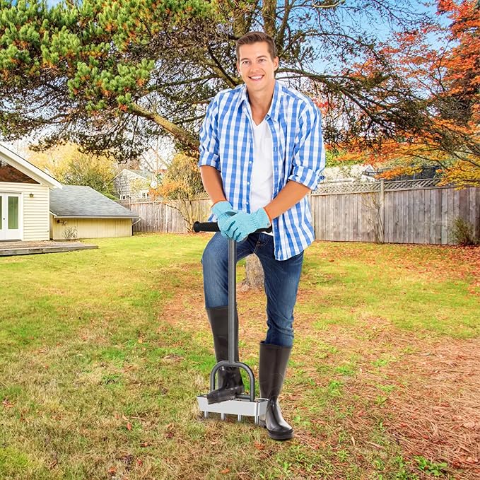 Dolibest Lawn Coring Aerator, Manual Grass Aerating Tool with Stainless Steel Soil Core Storage Tray, 4 Stainless Steel Corer Plug Aerator Tool, Garden Tool & Clean Hand Tool, Improve Lawn Health