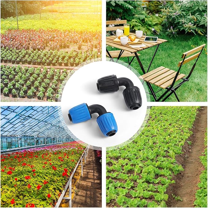 Frienda 40 Pcs 1/2 inch Irrigation Fittings Elbow Connectors Tubing (1/2" IDx0.6-0.63" OD) 16mm Drip Tubing Barbed Drip Parts Locked Elbow Connectors for Hose, Blue and Black