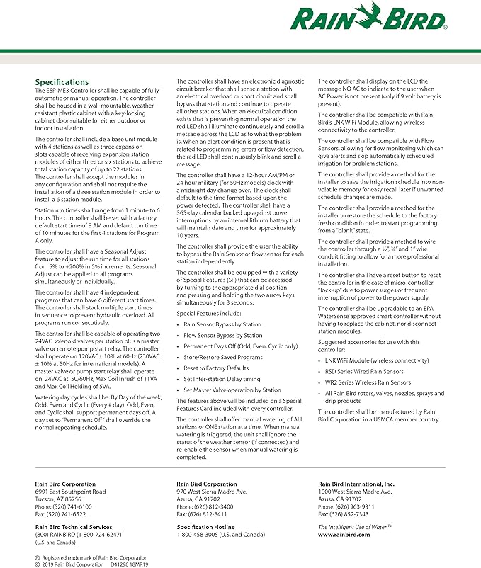 Rain-Bird Controller Indoor Outdoor Lawn Irrigation Sprinkler Timer ESPME3 (Controller Only)