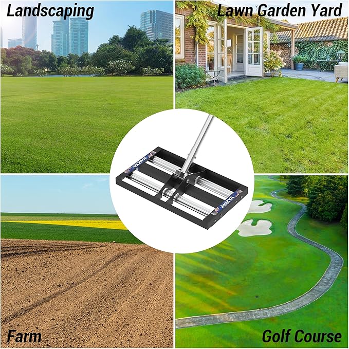 Updated Lawn Leveling Rake with Aluminum Rollers, Stainless Steel 17"x10" Levelawn Tool , Heavy-Duty Lawn Leveler with 70" Extended Handle, Yard Leveling Rake Suit for Garden, Golf Lawn, Farm
