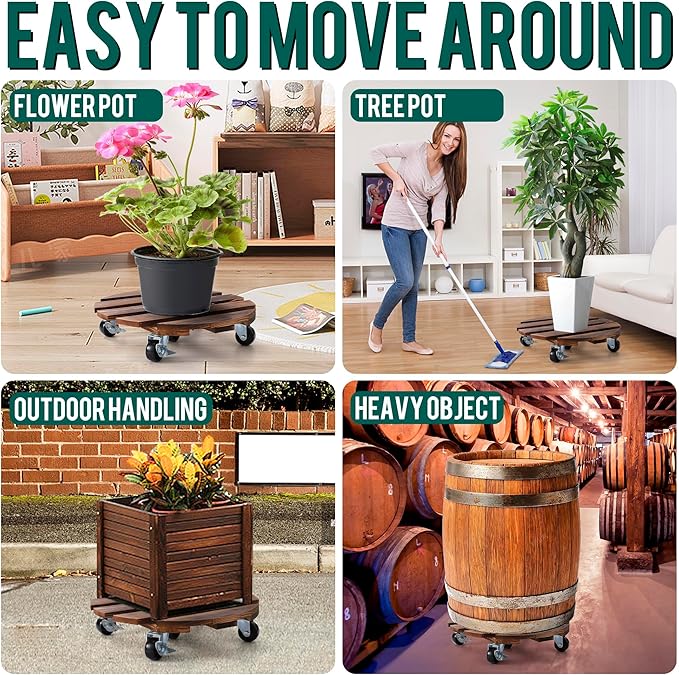 ZXZYHFTY Round Original Wooden Plant Stand with Wheels, 2 Packs Rolling Plant Stand with 360°Lockable Wheels for Vertical Garden Towers, Vertical Planting Tanks, Plant Pots, Wastebaskets (14")