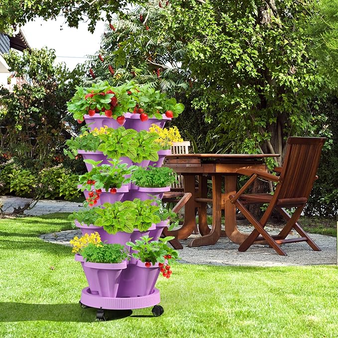 Strawberry Vertical Planter GardenTower, 5 Tiered Stackable Planter with Support Pole, Stacking Herb Vegetable Planters Indoor and Outdoor - Purple