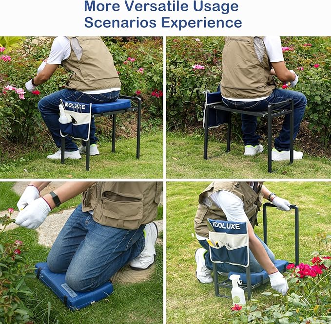 Foldable Garden Kneeler and Seat - 350 Lbs Heavy Duty Gardening Stool with Large Tool Bag, Thicker Wider Softer Kneeling Pad, Portable Garden Bench Gardening Gifts for Women, Seniors - Blue