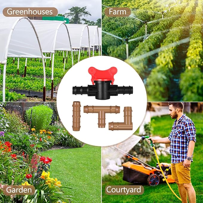 60 Pcs Drip Irrigation Fittings Kit 1/2 Inch Tubing Set Including 4 Switch Valves, 14 Tees, 14 Couplings, 14 Elbows and 14 End Cap Plugs Drip Irrigation Barbed Connectors for Drip or Sprinkler System