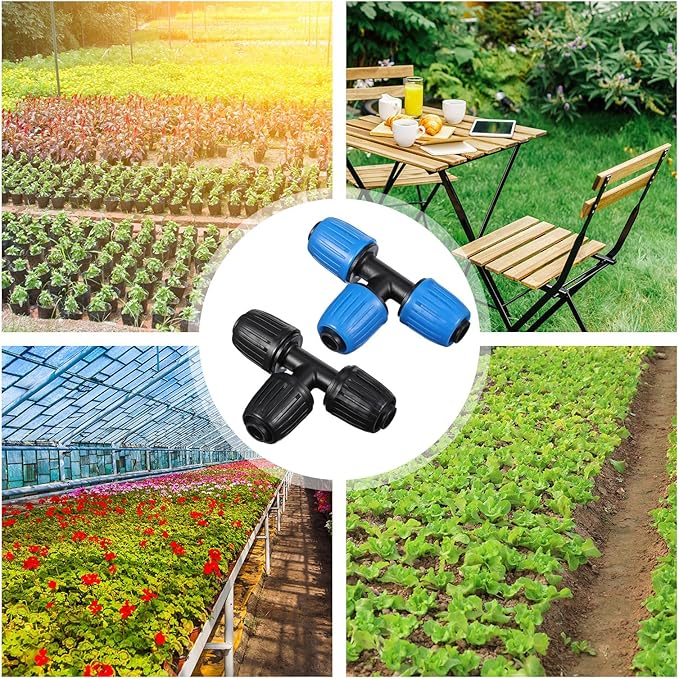 Frienda 40 Pcs 1/2 Inch Drip Irrigation Lock Barbed Tee Tubing (1/2" IDx0.6-0.63" OD) 16mm Fittings Drip Irrigation Parts Anti Drop Locked Reducing Tee for Hose, Blue and Black