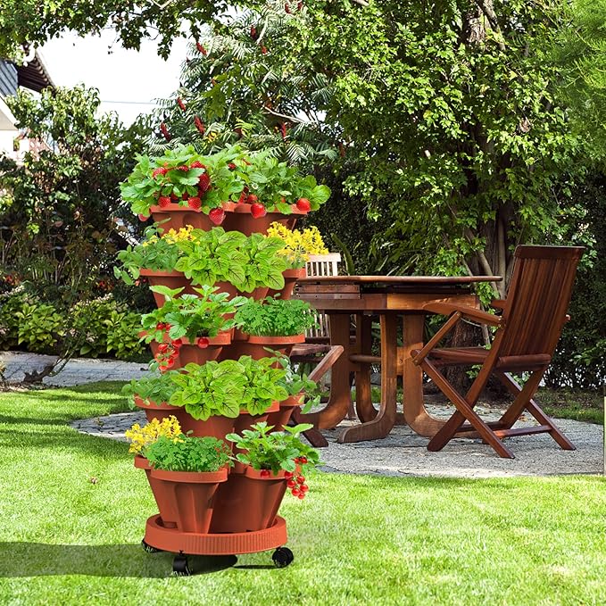 Strawberry Vertical Planters 2 Pack, 5 Tiered Stacking Tower Garden with Support Pole, Stackable Herb Vegetable Planters Indoor Outdoor Terra Cotta
