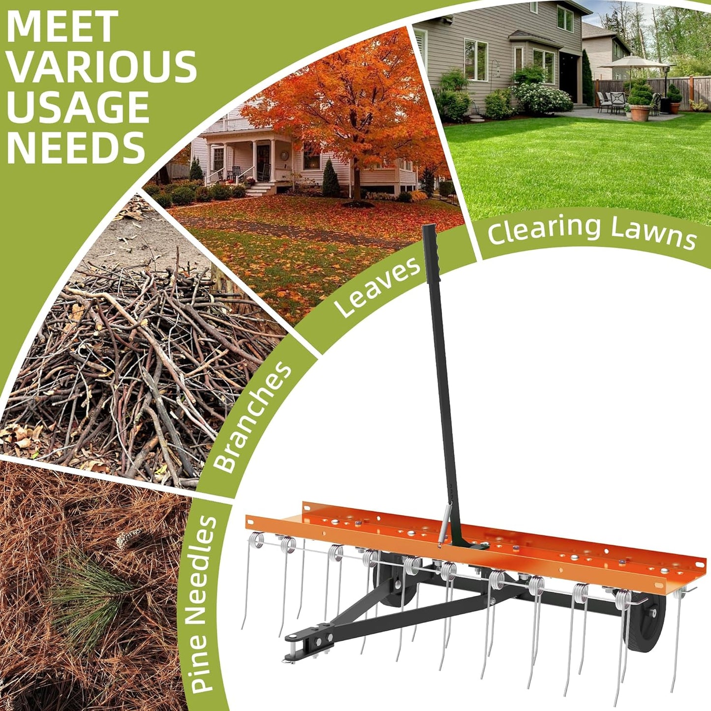 40 Inch Orange Tow-Behind Dethatcher with 20 Spring Steel Tines, Pull Dethatcher for Outdoor Yard Care, Garden Farm Grass Tractor Rake to Remove Thatch, Leaves and Needles from Large Lawn Areas