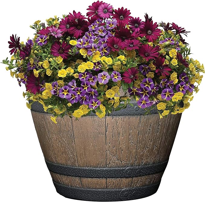 Classic Home and Garden Whiskey Plastic Resin Flower Pot Barrel Planter, Walnut Brown, 15" (Pack of 3)