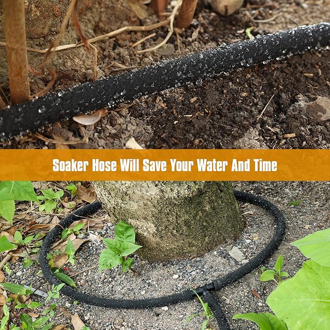 Soaker Hose 25FT 5/8" Diameter for Garden Beds Solid Brass Interface Irrigation Save 70% Water Heavy Duty Rubber Great for gardens/flower beds