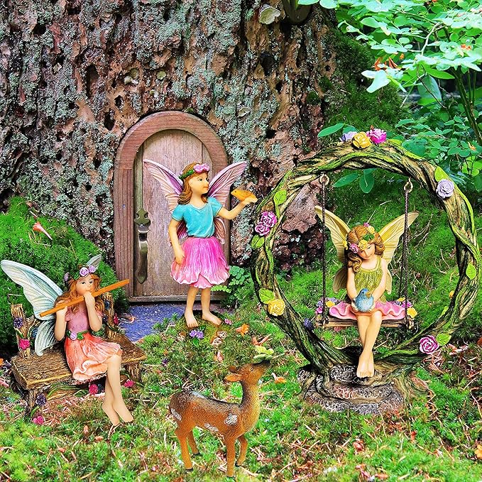 Mood Lab Fairy Garden Kit - Swing Set of 6 pcs Miniature Figurines & Accessories - Hand Painted for Outdoor or House Decor