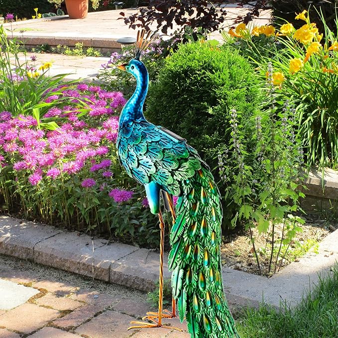 chisheen Outdoor Solar Peacock Statue Garden Decor for Outside Metal Yard Art Outdoor Decoration for Lawn Backyard Party Wedding Mother's Day Gardening Gifts for Women
