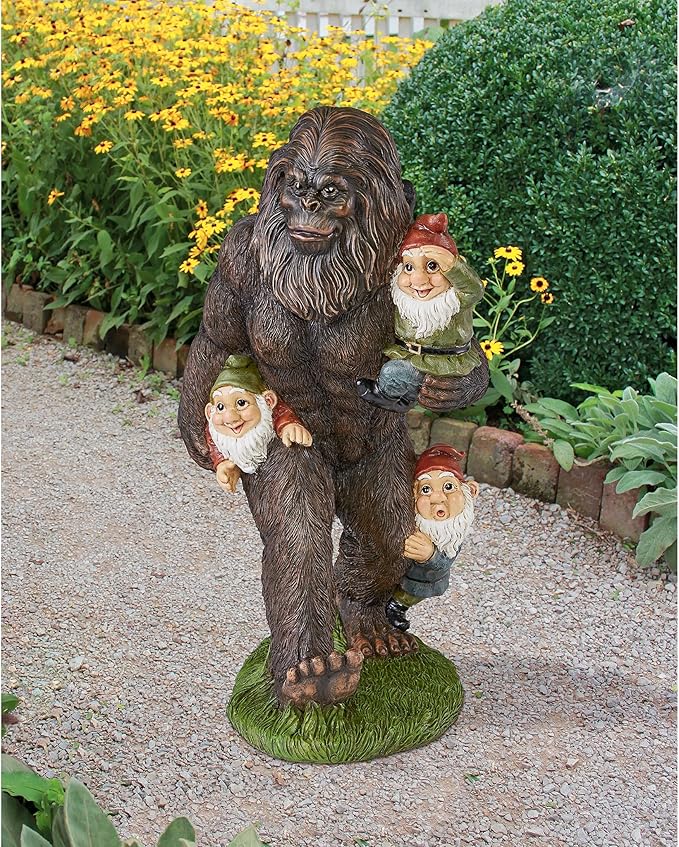 Design Toscano Schlepping the Garden Gnomes Bigfoot Yeti Indoor/Outdoor Garden Statue, 16 Inch Tall, Cast Stone Resin, Painted Full Color Finish