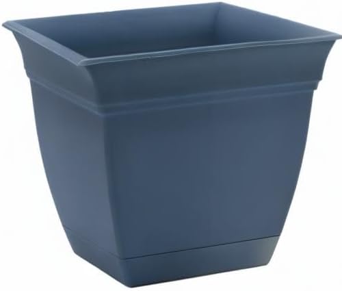 The HC Companies 10 Inch Eclipse Square Planter with Saucer - Indoor Outdoor Plant Pot for Flowers, Vegetables, and Herbs, Slate Blue
