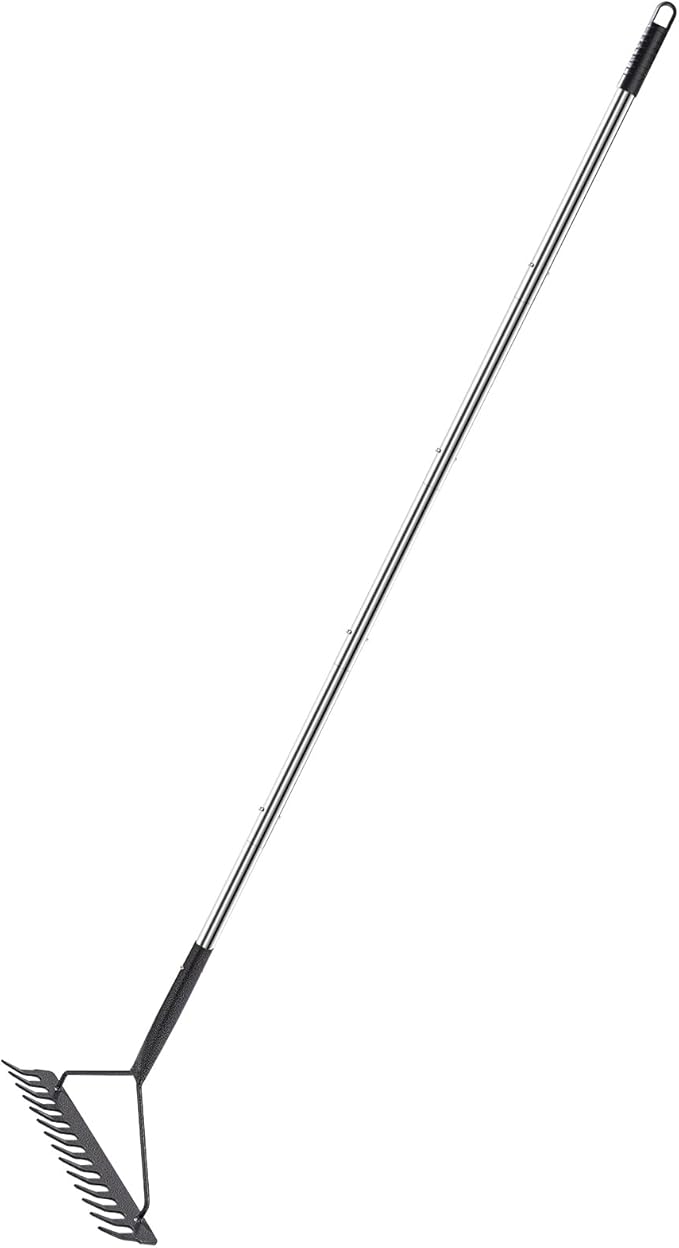 Sturdy Garden Rakes for Leaves: Metal Rake Heavy Duty Tool for Quick Clean Up of Lawn and Yard, 38’’--63’’ Adjustable Long Handle and 25Tins