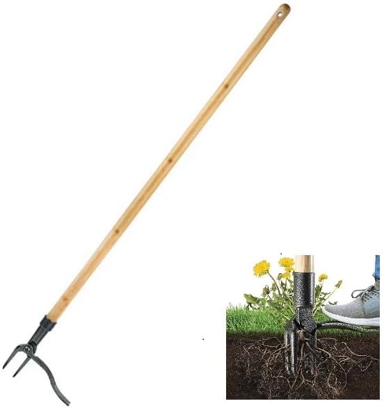 Stand Up Weed Puller Tool with Long Handle, 3-Section Bamboo Construction & 4-Claw Steel Head Design, Easily Remove Weeds Without Kneeling