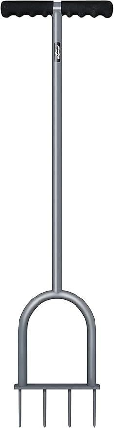 Walensee Lawn Spike Aerator, T-Handle, Manual Dethatching and Soil Aerating Tool with Four Iron Spikes, 35.5 Inches, Grey