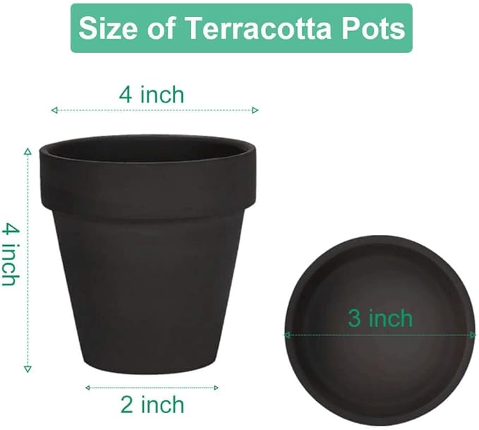 vensovo 4 Inch Small Black Terracotta Plant Pots with Saucer - 6 Pack Clay Flowerpots with Drainage, Great for Indoor Outdoor Plants, Crafts, Wedding Favor