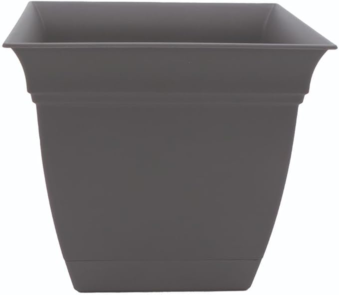 The HC Companies 12 Inch Eclipse Square Planter with Saucer - Indoor Outdoor Plant Pot for Flowers, Vegetables, and Herbs, Warm Gray