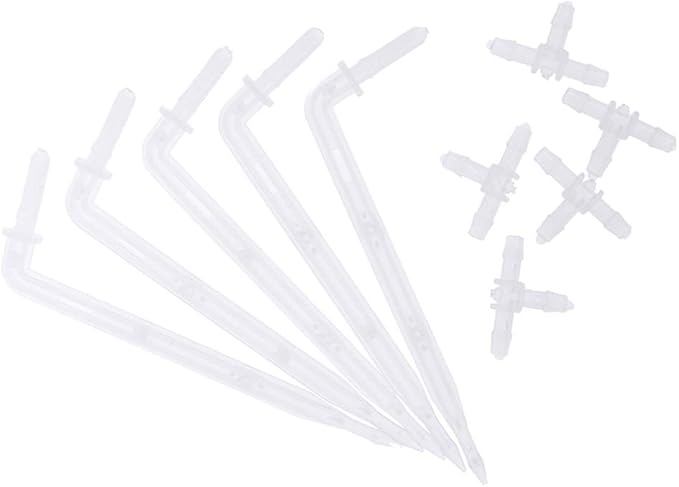 10 Sets White Drip Emitters with 3-Way Connector Curved Arrow Dripper Potted Plants Bend Sprinklers Garden Automatic Irrigation System for 4/7mm Hose Patio Watering Cooling Irrigation Kit