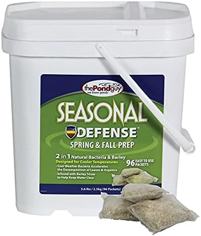 The Pond Guy Seasonal Defense, Spring & Fall Beneficial Bacteria, Barley & Enzymes, Cold Water Pond Sludge & Scum Treatment, Fish & Plant Safe, 96 Packets