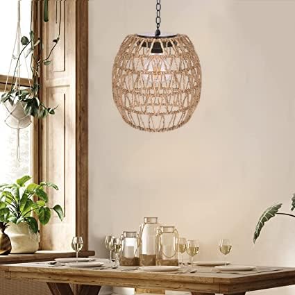 Boho Pendant Solar Light Rustic Hand-Woven Rattan Chandelier Coastal Retro Lamp Wedding Garden Courtyard Hallway Entryway Decoration.