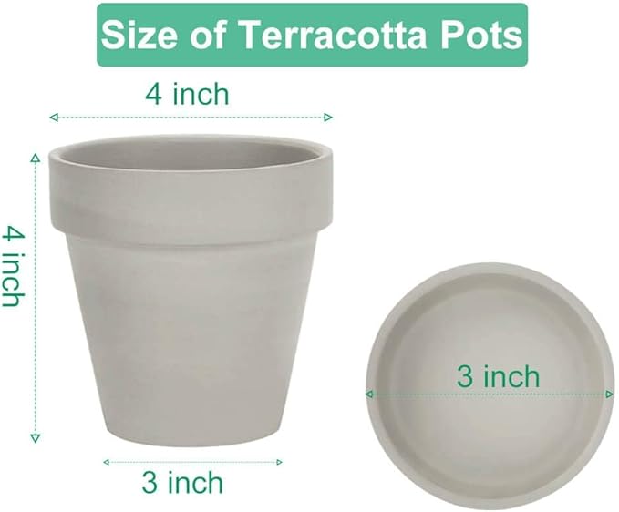 vensovo 4 Inch Small Grey Terracotta Plant Pots with Saucer - 6 Pack Clay Flowerpots with Drainage, Great for Indoor Outdoor Plants, Crafts, Wedding Favor
