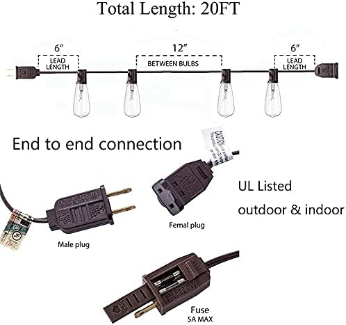 20Ft Outdoor Patio String Lights with 22 Clear Vintage Light Bulbs (2 Spare), E17 Base ST40 Outdoor Edison String Lights Waterproof UL Listed for Indoor Garden Backyard Party Porch Decor, 7W - Brown
