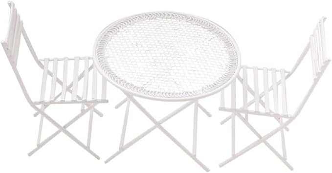 Dollhouse Miniature Bistro Table & Chairs Set Accessories Metal 1:12 Scale Miniatures White Coffee/Tea Furniture Fairy Garden Cute Rustic Elegant Decorations Ornaments (B)