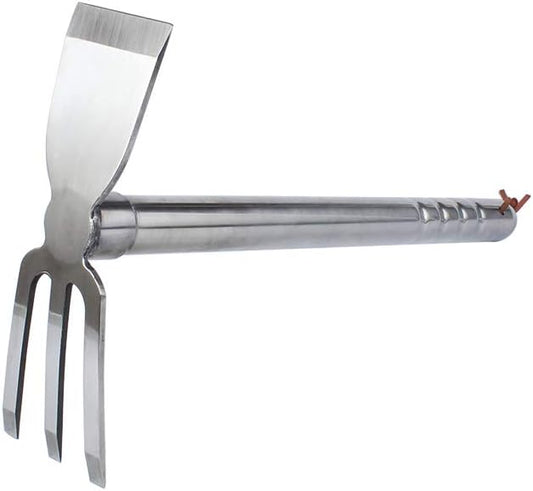 LUBAN Stainless Steel Garden Hoe Rake Hand Tool, 15" Metal Hand Hoe & 3 Prong Cultivator Dual Headed Gardening Tool for Weeding, Digging, Seeding Multipurpose