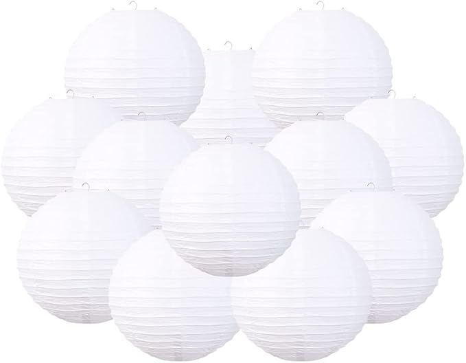 Foclover White Paper Lanterns 12 Pcs 14" Chinese Round Paper Hanging Decorations Ball Lanterns Lamps for Home Decorations, Parties, Birthdays and Weddings