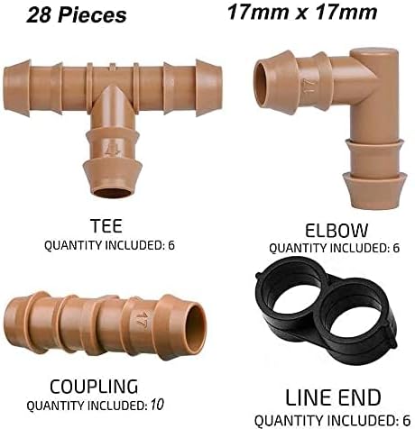 28P Drip Irrigation Fittings Kit (17mm) for 1/2" Tubing (.600" ID), 10 Couplings, 6 Tees, 6 Elbows and 6 Tubing End Closure - Barded Connectors for Drip or Sprinkler Systems(28 Pieces Set)
