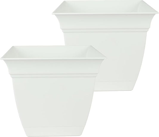 The HC Companies 10 Inch Eclipse Square Planter with Saucer – Indoor Outdoor Plant Pot for Flowers Vegetables Herbs, White (Pack of 2)