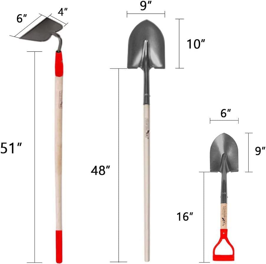 GardenAll 7-Piece Shovels Rakes Hoe Set Garden Tools Gifts for Women Long Wood Handle Pointy Shovels for Digging Short Handle Shovel Meteal Rakes Cultivator Set