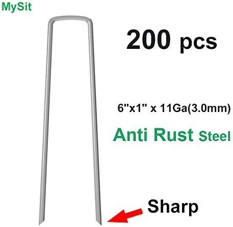MySit 6" Galvanized Landscape Staples Garden Stakes Pins 200 Pack, Heavy-Duty 11 Gauge Garden Staples Anti-Rust Fence Stakes for Anchoring Weed Barrier Fabric Irrigation Tubing Soaker Hose