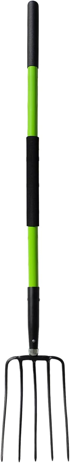 Pitch Fork-57 Inch，5-Tine Steel Garden Fork Heavy Duty, Mulch with Cushion Grip, Green Fiberglass Handle
