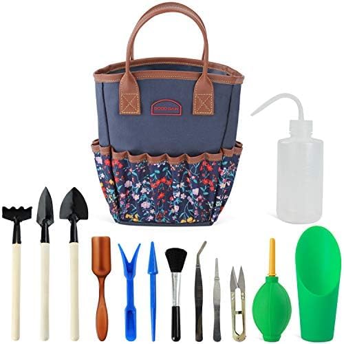 G GOOD GAIN Garden Succulent Kit with Organizer Bag, Indoor Mini Hand Gardening Tool Set, 14 Pieces Tools for Bonsai Planter Miniature Fairy Planting Care(Blue)
