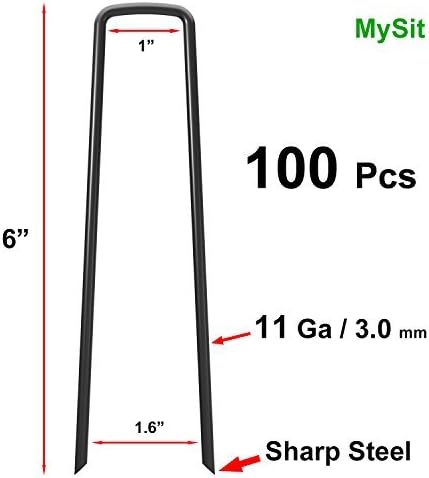 MySit 6" Garden Staples Landscape Stakes Ground Pins 100 Pack, Lawn Staples Weed Fabric Staple, Heavy Duty 11-Gauge(3.0mm) Steel Sod Anchor Securing Pegs for Securing Fabric