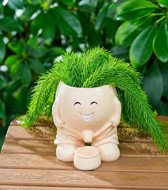 Quirky Creative Planter with Smiley Face,Naughty Boy Plant Face Pot with Drainage Hole,for Indoor Outdoor, Christmas, (Naughty Boy,Khaki)