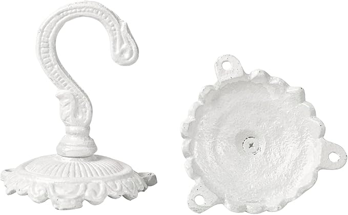Sungmor Heavy Duty Ceiling Hooks - 3PC White Cast Iron Antique Decorative Hooks for Hanging Plants, Planters, Wind Chimes, Lanterns