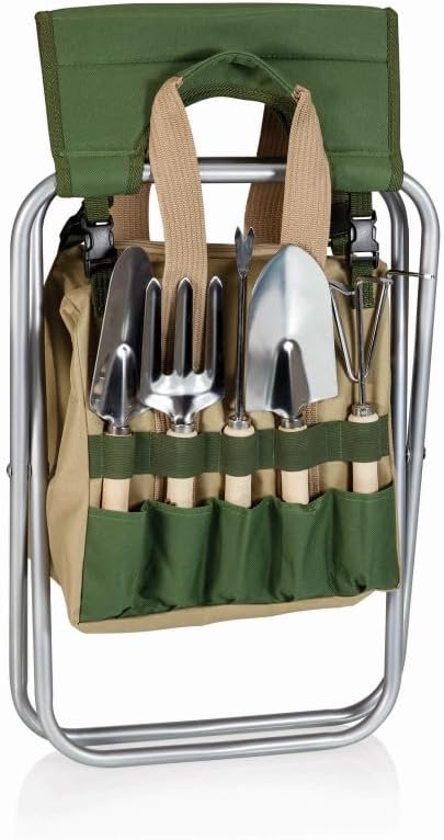 PICNIC TIME Disney Mickey Mouse Gardener 5 Piece Gardening Tools Set with Garden Stool, Gardening Gifts, Garden Tool Set, (Olive Green with Beige Accents)