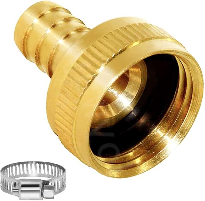 Joywayus 5/8" Barb x 3/4" Female GHT Thread Swivel Brass Garden Water Hose Pipe Connector Copper Fitting with Stainless Clamps House/Boat/Lawn/Power Wash/Irrigation (Pack of 2)