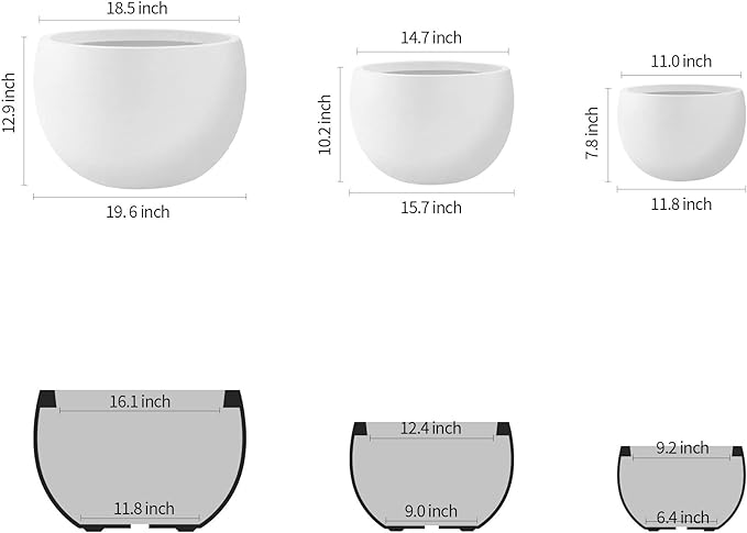 Kante 19.9",15.7",11.8" Dia Round Concrete Planter Set of 3, Outdoor/Indoor Large Bowl Plant Pots with Drainage Hole and Rubber Plug for Garden Patio Balcony Home, Pure White