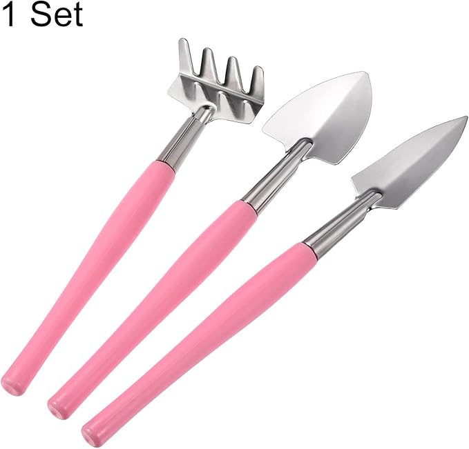 MECCANIXITY Gardening Tools 3 Pack Iron Spade Rake Transplanting Plants Care Digging Kits, Pink