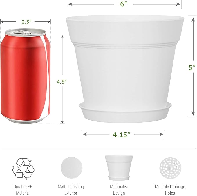 WOUSIWER 16 Pack 6 inch Plastic Planters for Indoor Flower Pots, Heavy Duty and Stylish 6 Inch Plant Pots for Indoor Plants with Drainage Holes and Tray for Plants, Flowers, White