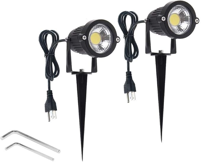 2 Pack Outdoor Landscape Lighting 5W COB LED Spotlights for Garden Lawn Wall Yard Path with Spiked Stand and Plug Adapter (Cool White)