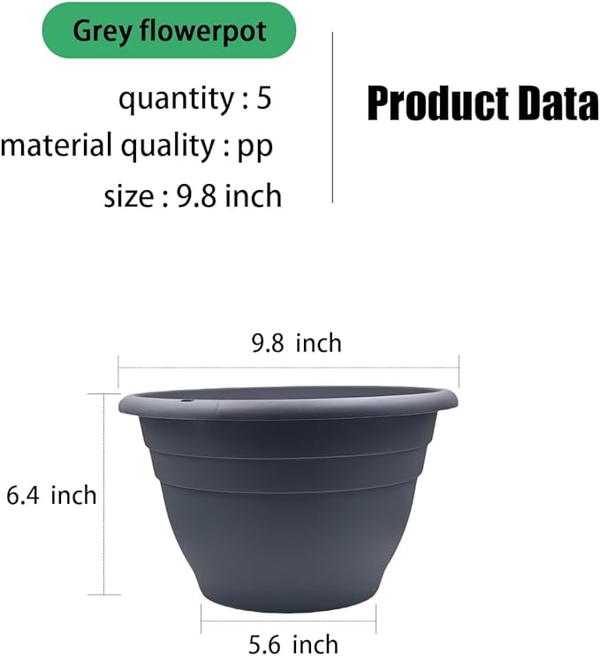 Plant Pots Set of 5, 10 Inch Round Flower Pots, Thickened Plant Planters with Drainage Holes, Garden Pots for Indoor Outdoor (Dark Gray)